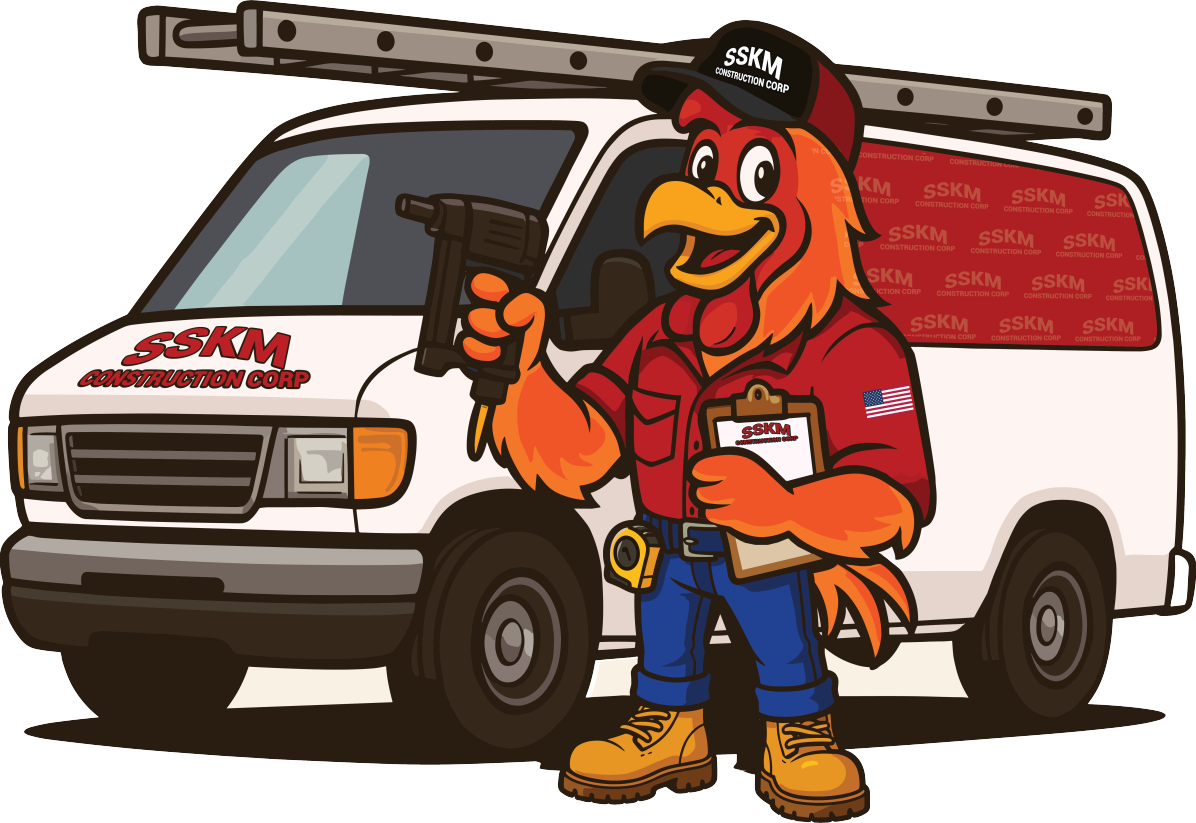 SSKM Construction Corp mascot standing beside a company work van